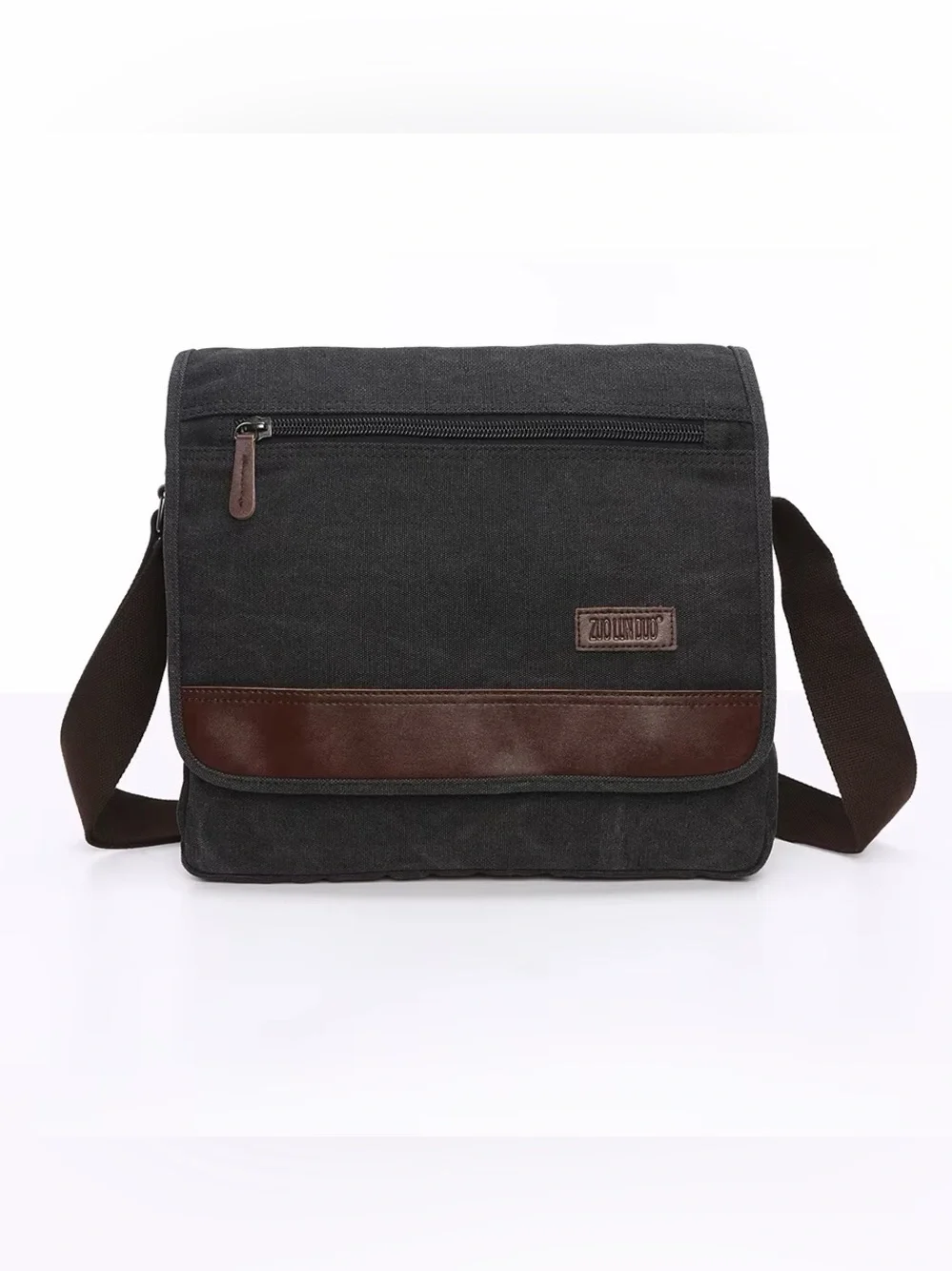 Top Quality Black Canvas Messenger Bag with Brown Trim